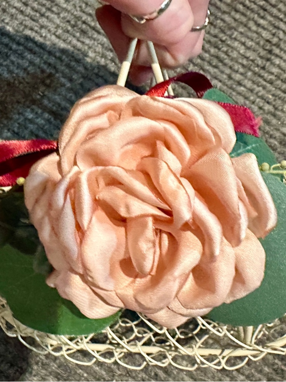 Peach Floral Rose Hair Clip with Green Leaves